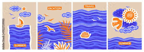 A vibrant set of four vertical posters featuring a summer vacation and travel theme with a distinct grunge texture. These collage-style illustrations include stylized sea waves, boats, seagulls