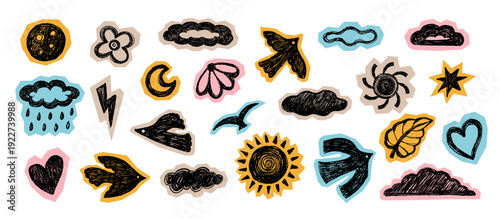 A playful collection of weather and nature icons featuring a grainy textured doodle style. These collage-inspired stickers include clouds, suns, flying birds, and hearts with colorful cutout backgroun