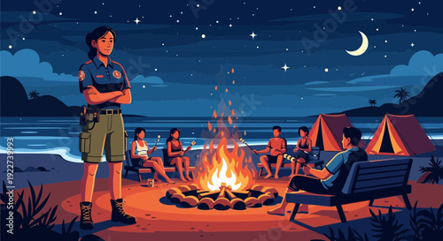 Female park ranger standing confidently with arms crossed at a beach campsite.