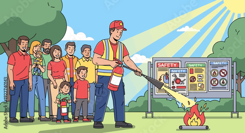 Firefighter demonstrating fire extinguisher use to a diverse group of people.