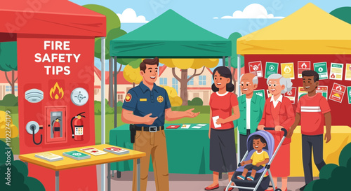 Firefighter educating diverse community members on fire safety tips at an outdoor event.