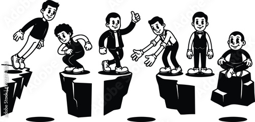 Retro cartoon vector showing five characters crossing broken cliffs with helping gestures close up monochrome vintage comic style low angle