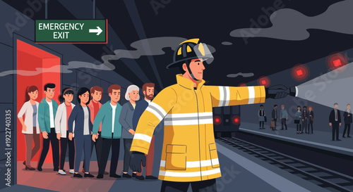 Firefighter guiding people to emergency exit during a subway evacuation.