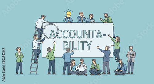 Business professionals collaborating on accountability concept with large magnifying glass and text.