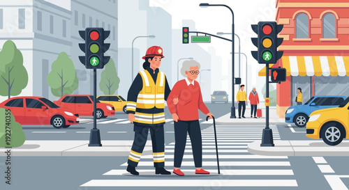 Firefighter helping elderly woman cross street safely.