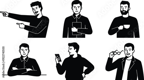 Flat design six male avatars pointing holding clipboard drinking coffee with crossed arms checking phone and adjusting glasses in profile