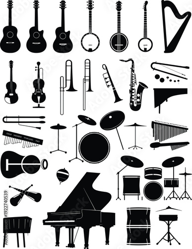 Musical Instruments Icon Set, Guitar, Piano, Drum and Orchestra Silhouette Vector Collection Isolated on White Background for Music and Band Design