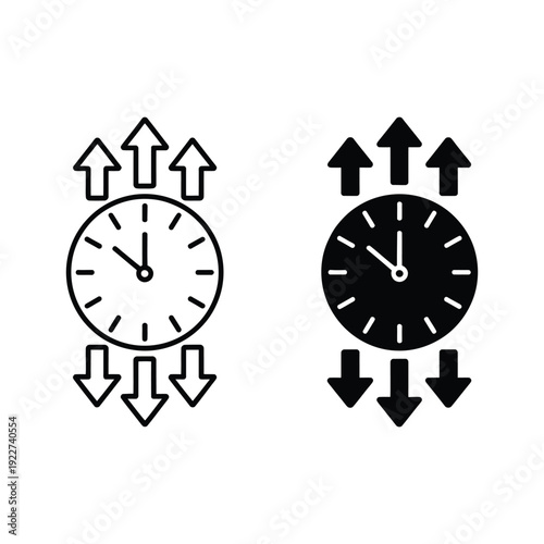 Clocks with arrows two vector illustrations showing time fragility, upward and downward arrows, symbolic concept
