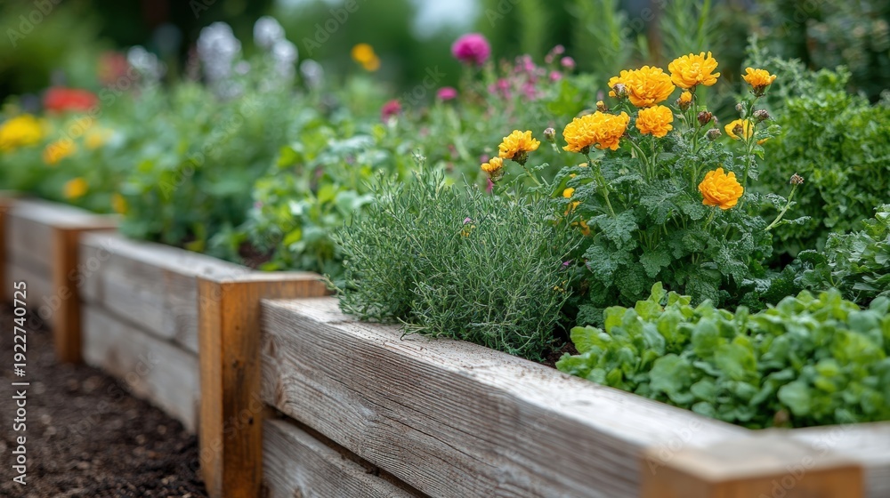 Naklejka premium Vibrant Flowering Garden with Fresh Herbs and Lush Vegetation