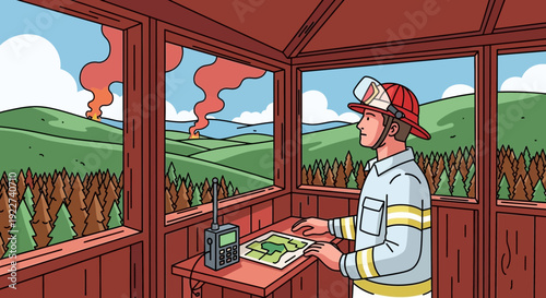 Firefighter in watchtower observing forest fire.