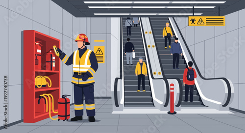 Firefighter in uniform inspecting fire safety equipment in a public building.