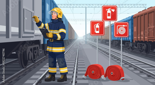 Firefighter inspecting a train car for fire safety.