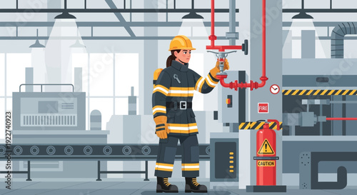 Firefighter inspecting industrial fire suppression system.