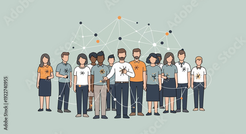 Diverse group of people connected by social network and technology.