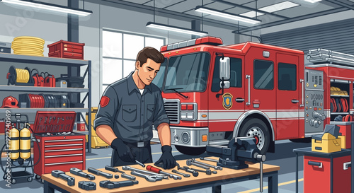 Firefighter meticulously organizing tools on a workbench in a fire station.