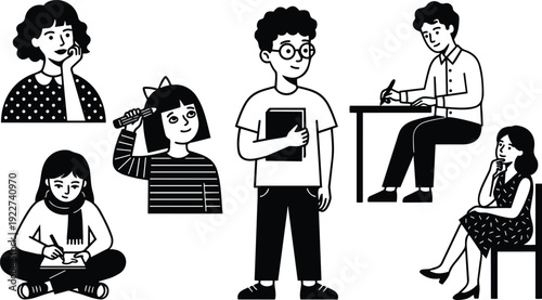 Minimalist vector flat design students group standing and sitting with notebooks pencils writing thinking in studio line art black white