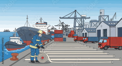 Firefighter preparing hoses for emergency response at busy port.