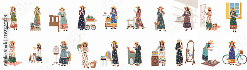 Bohemian Chic Women's Lifestyle Collection: Flat vector illustrations of stylish ladies enjoying coffee, photography, and leisure in vibrant floral dresses.