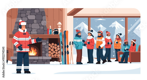 Group of people in winter clothing preparing for skiing.