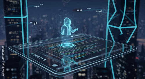 Holographic interface displaying data and virtual assistant.