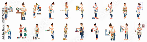 Woman's Coffee Journey: Illustrations of diverse preparation methods, from grinding to brewing and enjoying various homemade coffee drinks.