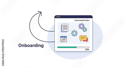 Illustration of automated onboarding process with progress bar and task icons.