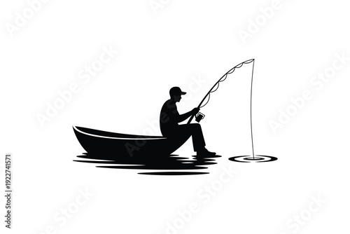Man fishing from small boat silhouette - Fisherman with fishing rod in rowboat on lake black and white artwork