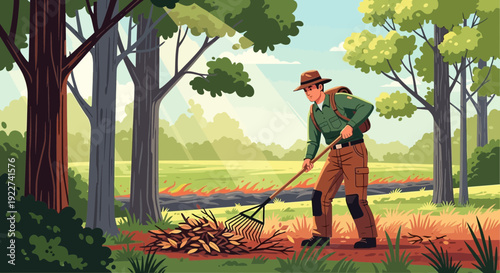 Park Ranger Raking Leaves in a Forest.