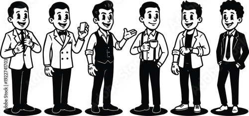 Retro cartoon vector set of six smiling businessmen characters in suits holding phone coffee gesturing handshake low angle cheerful friendly