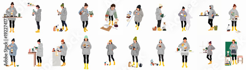 A collection of illustrations featuring women engaged in the mindful process of making and enjoying pour-over coffee at home, depicting a cozy daily routine.