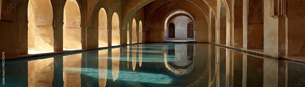 Fototapeta premium Arched interior space features a long, reflective pool illuminated by natural light.