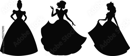Elegant princess silhouettes collection in luxurious ball gowns with crowns, royal female characters isolated vector illustration for fairy tale, fantasy, and fashion design