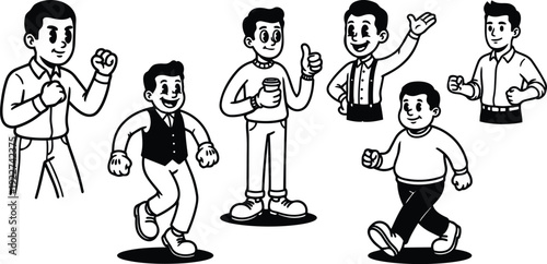 Retro cartoon 1950s group of six smiling men characters walking and posing with gestures in black and white vector illustration