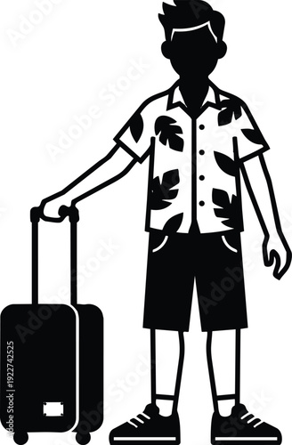 Flat design vector traveler in tropical shirt standing with wheeled suitcase looking ahead casual travel portrait with bold silhouette minimal