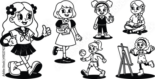 Retro cartoon 90s vector art group of schoolgirls engaging in reading painting basketball and walking close up cheerful expressions smiling