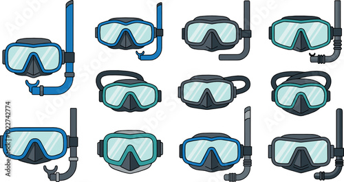 Snorkeling and diving mask icon set flat vector collection of scuba goggles and snorkel gear isolated on light background