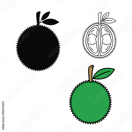 Three durian fruit icon illustrations showing black silhouette outline and color fill