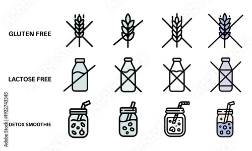 Minimalist modern abstract concept  Gluten free lactose free detox smoothie icons set with wheat milk bottle and mason jar illustrations