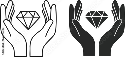 Vector icon of hands cupping a diamond, presented in outline and solid black styles. This graphic represents protection, value, and security