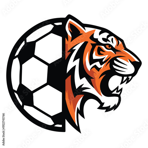 Tiger head roaring on soccer ball logo design fierce sports mascot vector illustration
