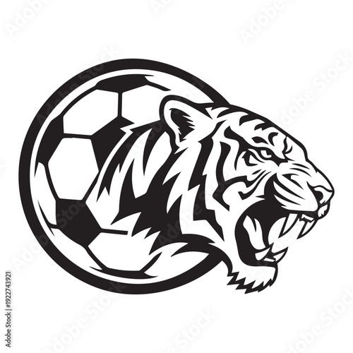 Tiger roaring over soccer ball logo fierce sports power strength competition mascot