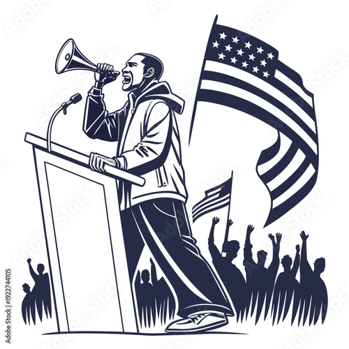 A man speaks into a megaphone at a podium with an american flag
