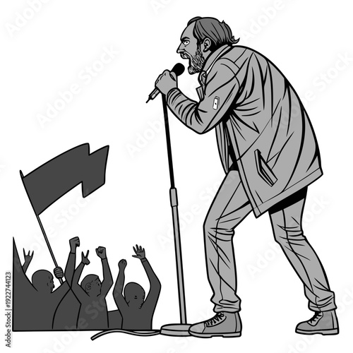 A man sings into a microphone in front of a crowd