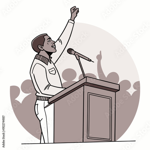 A man in a white suit giving a speech at a podium