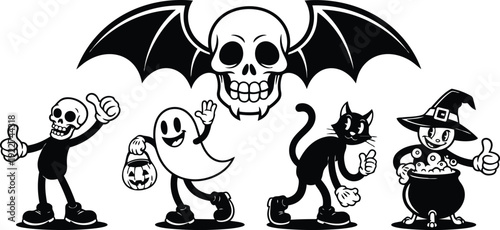 Retro cartoon spooky halloween lineup smiling skeleton ghost black cat witch stirring cauldron with skull bat emblem overhead vintage playful