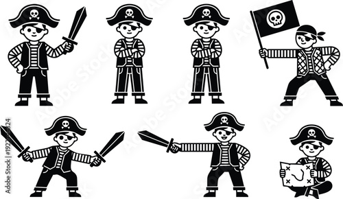 Flat design set of eight pirate character icons showing swords flag map and playful poses front facing bold silhouette