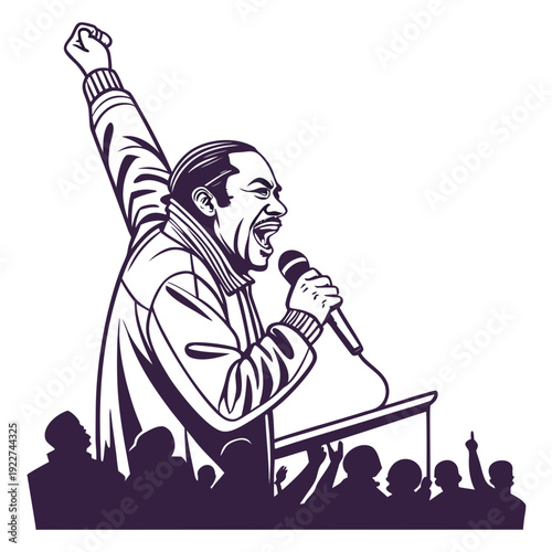 A man giving a speech to a crowd with his fist raised