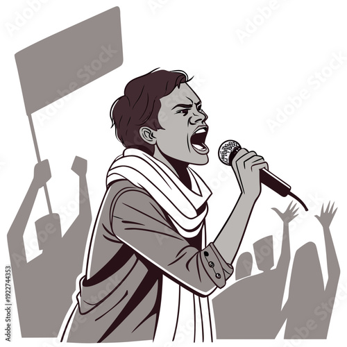 A woman speaks into a microphone with a crowd and flag behind her