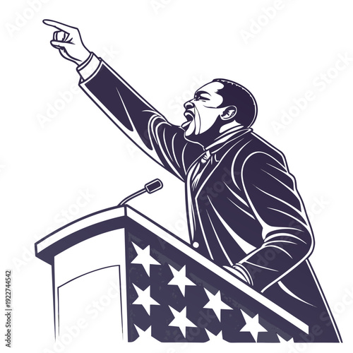 A man stands at a podium with an american flag