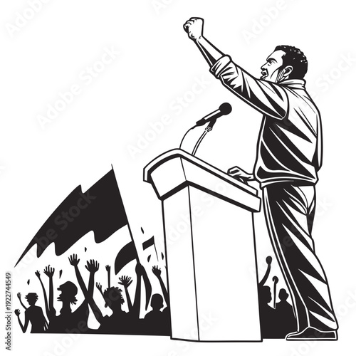 A man giving a speech at a podium with a crowd